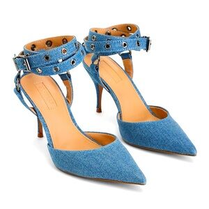 Brian Atwood x Express Denim Grommet Ankle Straps Pumps